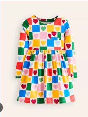Mini Boden Bright Multi-Color Heart Block Long Sleeve Dress